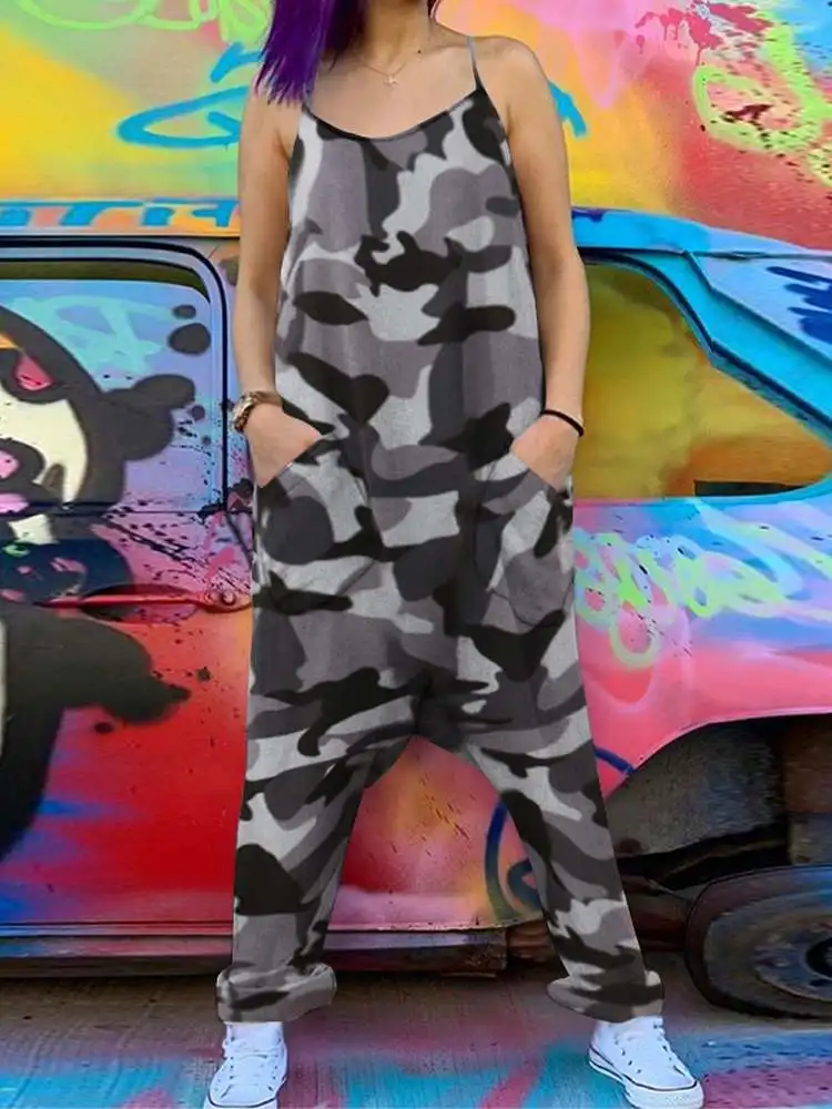 

Celmia Women Camouflage Printed Jumpsuits Casual Sleeveless Suspender Long Rompers 2023 Fashion Strappy Drop-Crotch Harem Pants