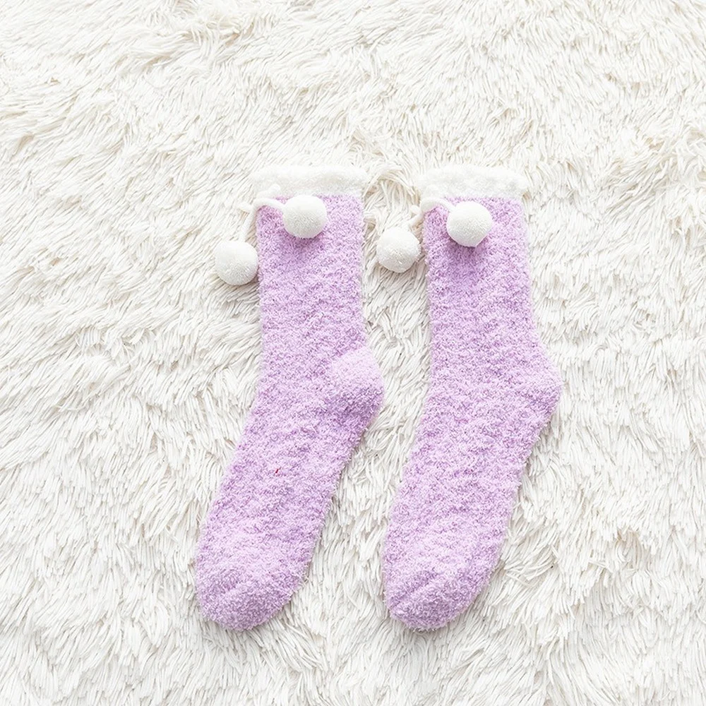 5 Pairs New Solid Color Hair Ball Coral Fleece Women Socks Warm Mid-tube Pink Furry Home Floor Sleepping Socks