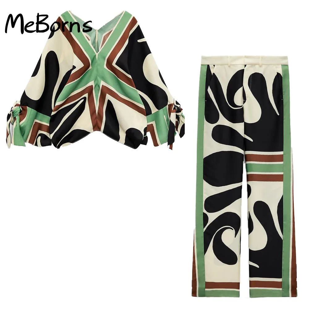 

Women's Cothing 2022 Spring/Summer New Sale Bow Print Top Female Sweater V-neck Shirt Popular Elements Wide Leg Pants Chic