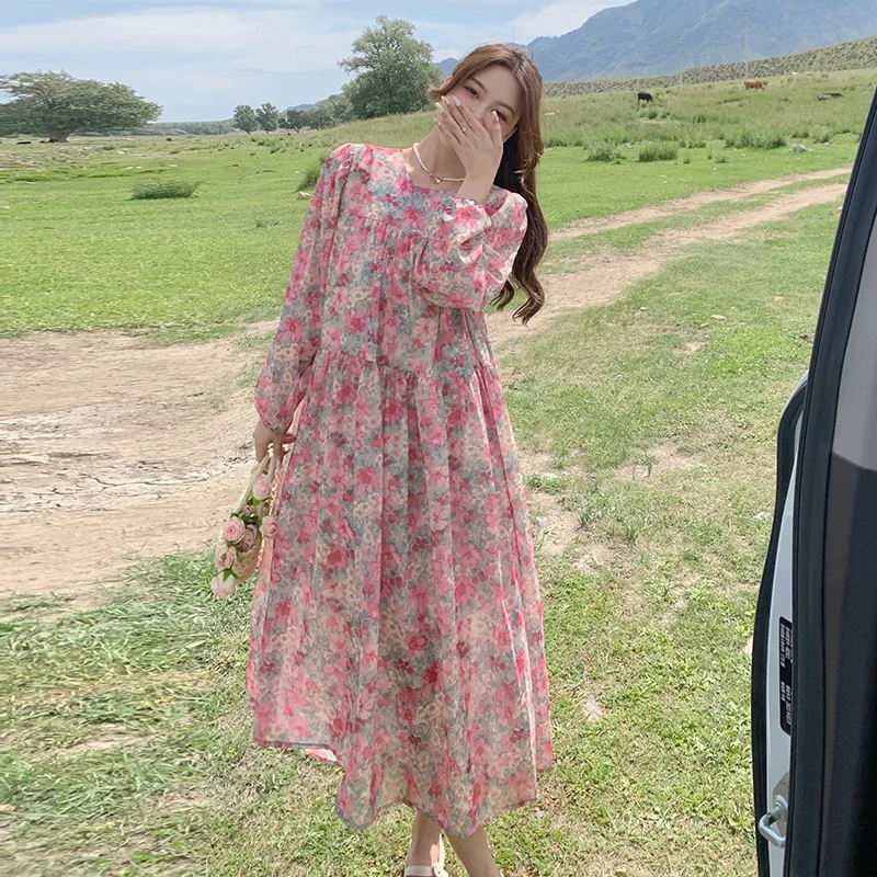 

High Street Loose Dresses for Women 2022 New In Korean Casual Floral Print O-Neck Long Sleeve Fashion Dress A-LINE Mid-Calf