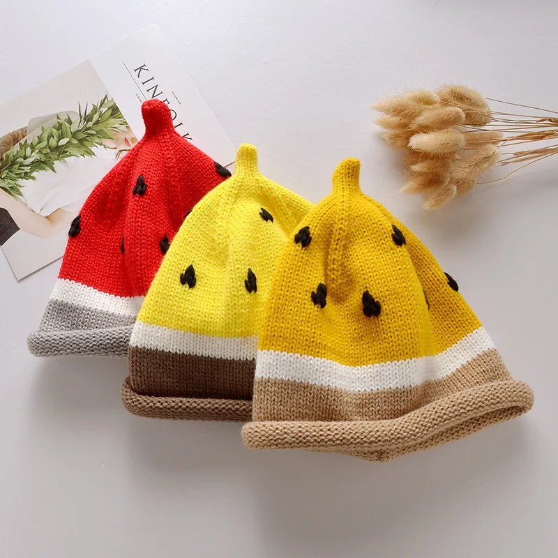 

Autumn Winter Baby Knitted Kawaii Fruit Hat Children Funny Watermelon Caps Cute Woolen Warm Beanie Bonnets Accessories for Kids
