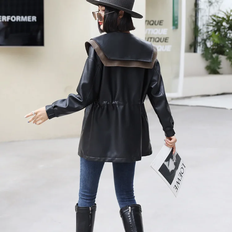 KoHuiJoo 2022 Autumn Korean Long Leather Coat Women Sailor Collar Sweet Casual Drawstring Washing PU Leather Jacket Black Coffee
