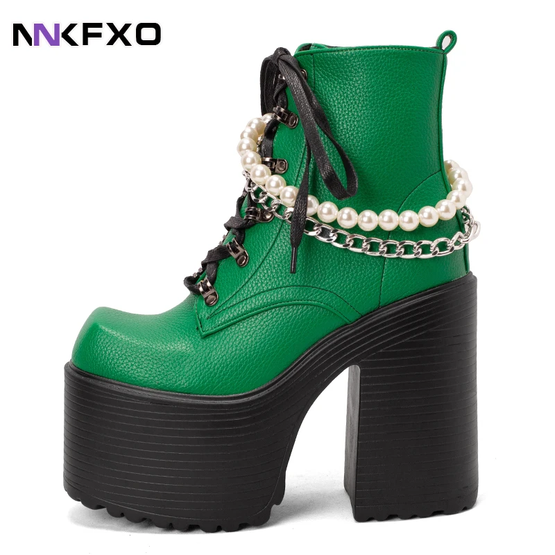 

Height 14cm Nightclub Stage Ankle Booties Women Extreme Thick Platform Heel Gothic Punk Shoes Girls Sexy Chain Party Boot vc4958