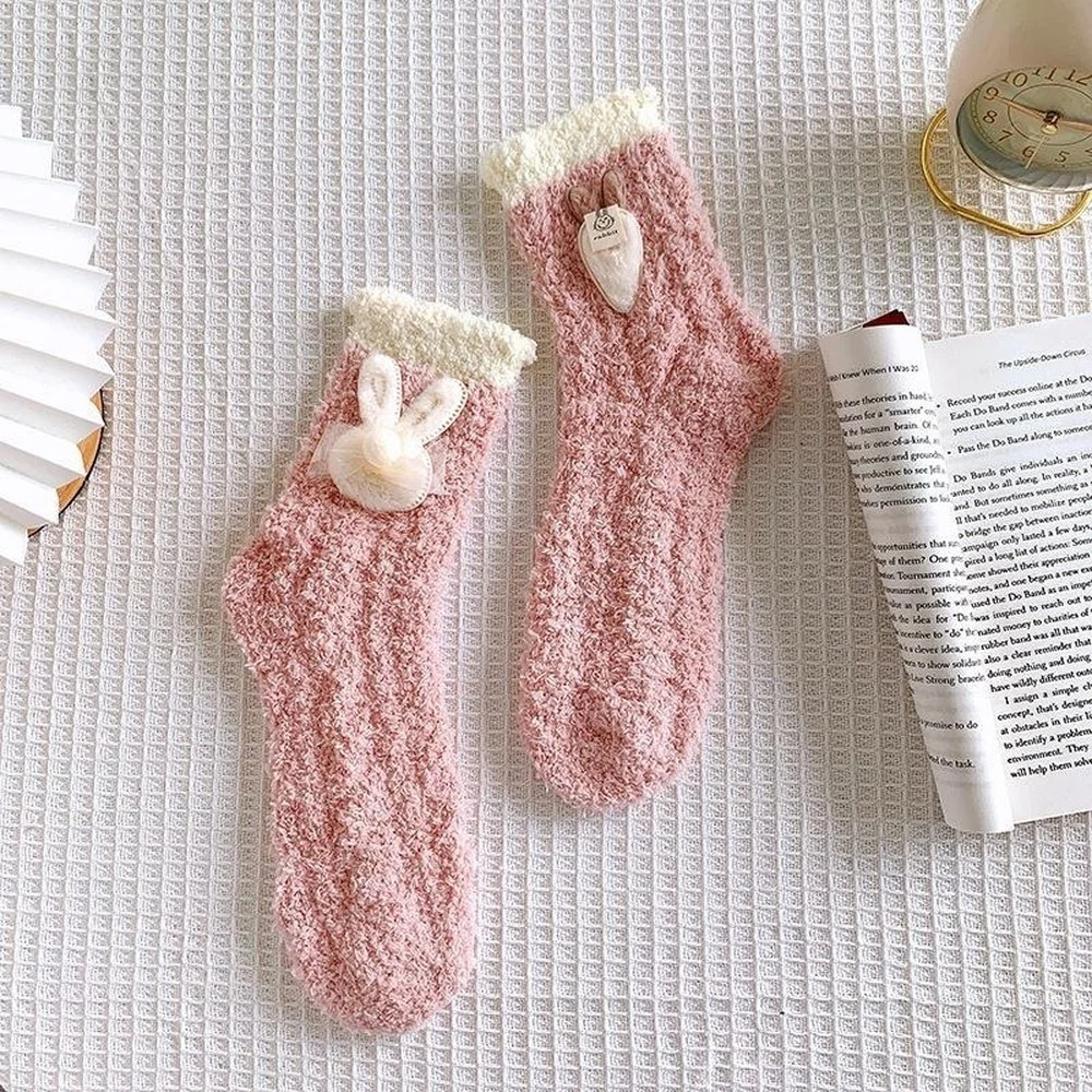5 Pairs Autumn and Winter Japanese Sweet Beauty Women Coral Fleece Socks Female Cartoon Rabbit Warm Home Floor Sleep Socks