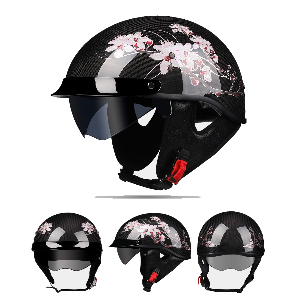 2022 Fashion Summer Handmade Carbon Fiber Motorcycle Half Face Helmet Vintage Motorbike Scooter Riding Jet Casque Moto Capacete