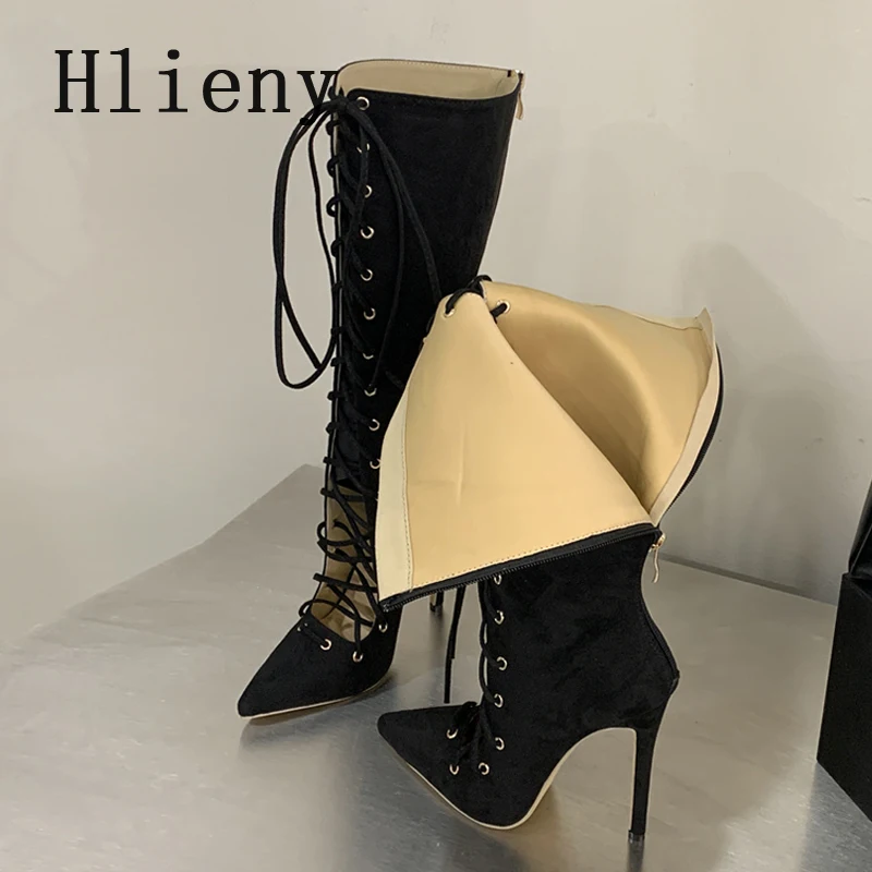 Фото Дизайнерские женские ботинки Hlieny с острым носком, ажурные, дышащие, с перекрестными ремешками, на шнуровке, модные сандалии на тонком каблуке с молнией №2