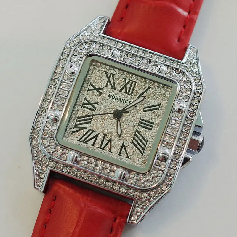 

Mobangtuo Women Quartz Watch Square Case Iced Diamond Orologio with Roman Numerals Number Dial Luxury Clock Ladies Wristwatch
