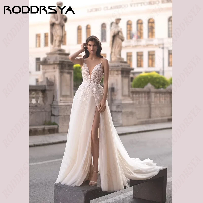 

RODDRSYA Beach Wedding Dresses V-Neck Spaghetti Straps Bridal Party Lace Tulle A-Line Vestido De Novia High Split Backless Boho
