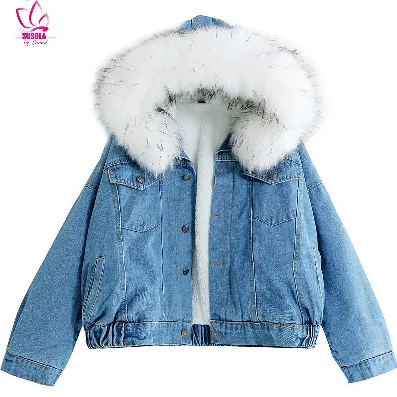 

With Fur Trim Hood Cotton Liner Long Denim Jackets Women Winter Hardy Warm Denim Coats Jackets Female Loose Outerwear