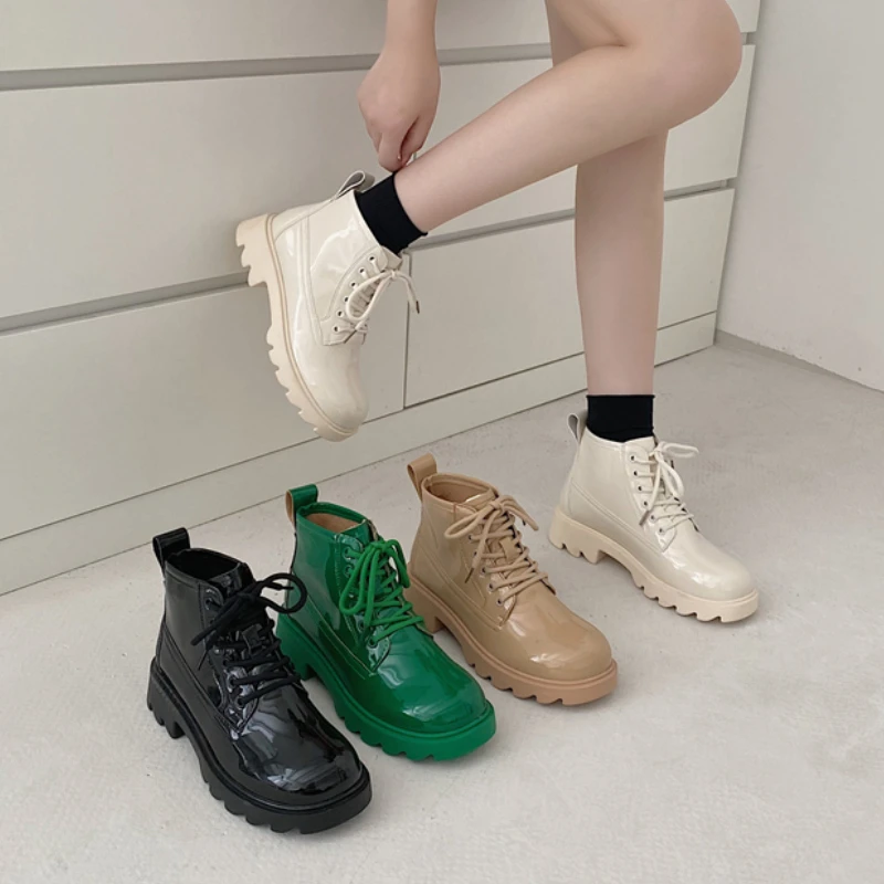 

Lace Up Boots Women Round Toe Thick Sole Platform Shoes of Woman Fashion Green Ankle 2022 Pumps Square Heel Platform Boots New