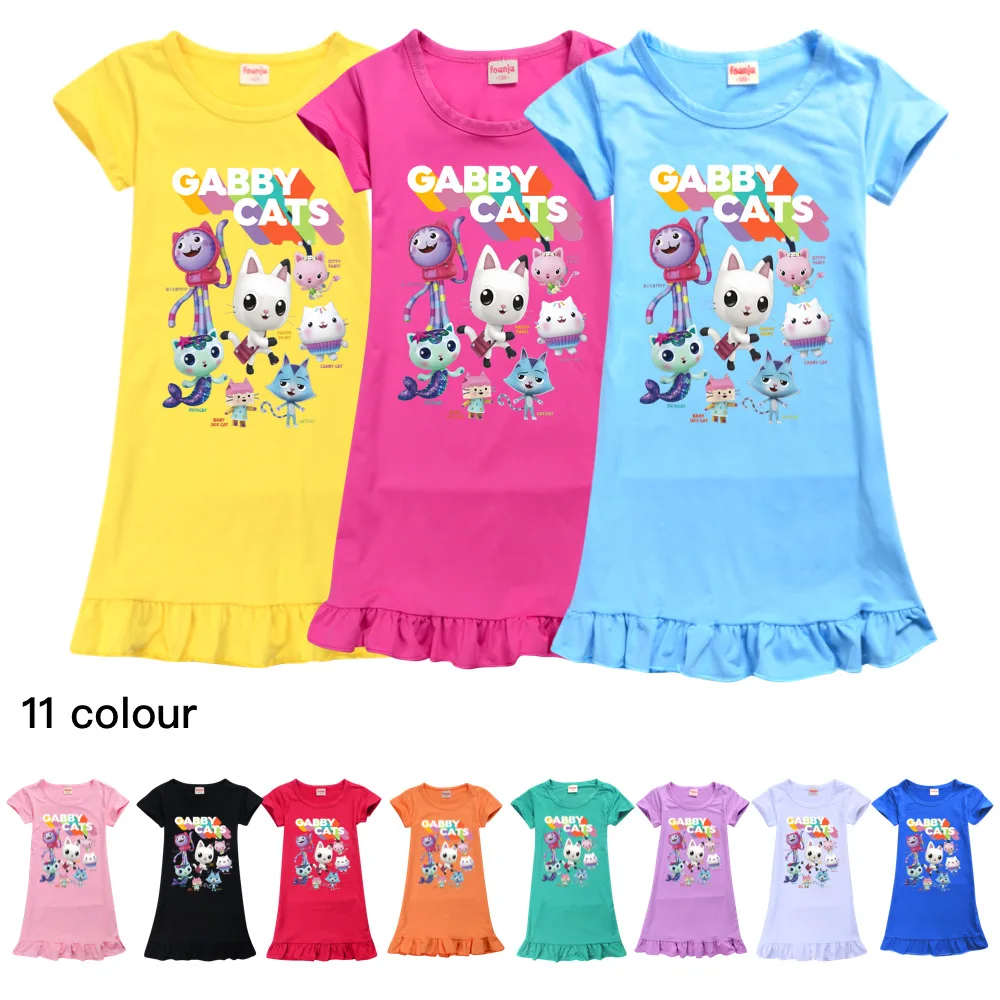 

New Gabby's Dollhouse Nightdress Girls Pajamas Dresses Children Cartoon Summer Nightgown Home Wear Kids Short Sleeve Sleepwear
