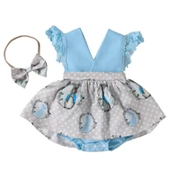 summer kids newborn bodysuits dress with headbands easter rabbit patchwork v neck lace infant romper jumpsuits baby girl clothes