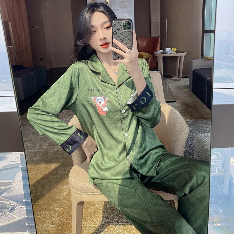 

New Elegant Ladies Faux Silk Polyester Dots Pajama Sets Sexy Homewear Women Casual Luxury Pajamas Thin Pajamas Female Sleepwear