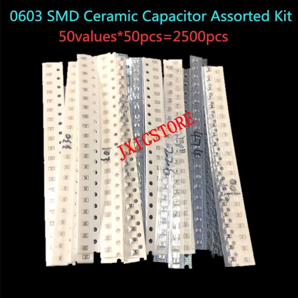 

0603 SMD Керамический конденсатор в ассортименте, 1 пФ ~ 10 мкФ, 50 значений * 50 шт. = 2500 шт., образцы керамических конденсаторов