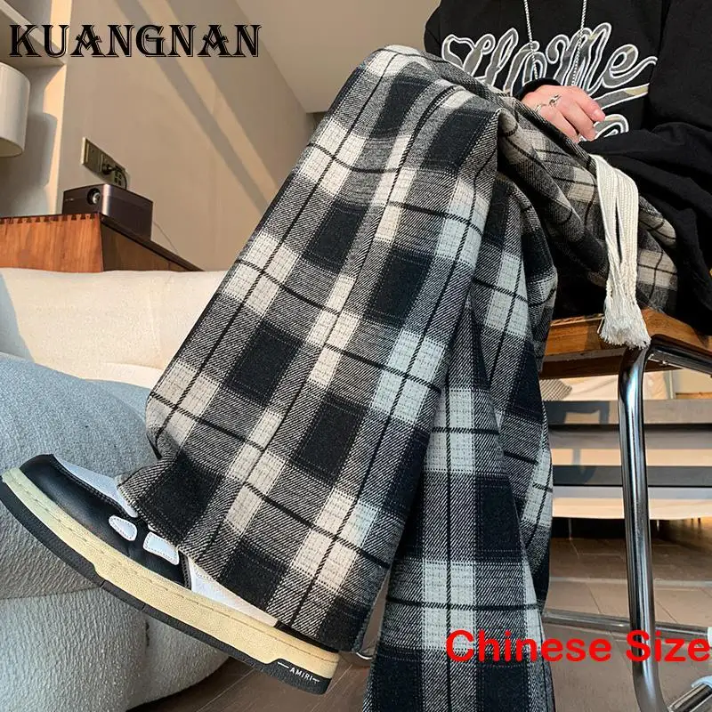 

KUANGNAN Straight Plaid Pants for Man Street Wear Luxury Clothing Cotton Trousers Sale Korean Style Clothes Japanese 5XL 2023