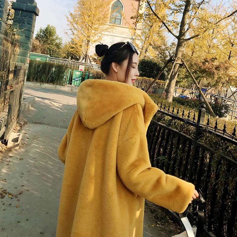 Hooded New Winter Solid Women Faux Fur Coats Ladies Thicken Warm Outwear Faux Rabbit Fur Jackets 2023 Female Loose Long Overcoat