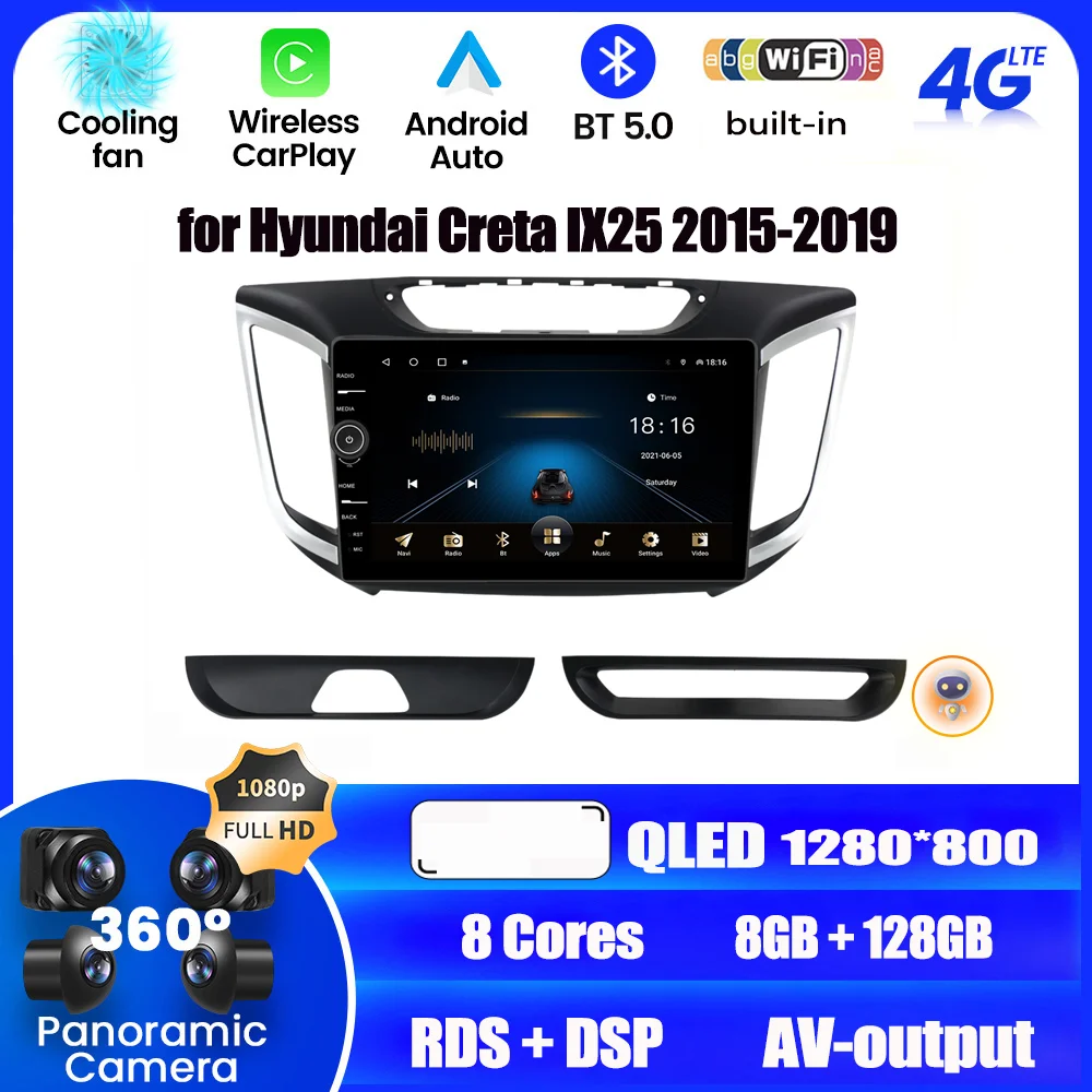 

Автомагнитола 2DIN Android 12 для Hyundai Creta IX25 2015-2019, Автомобильная Мультимедийная камера заднего вида, экран дисплея, беспроводная CarPlay