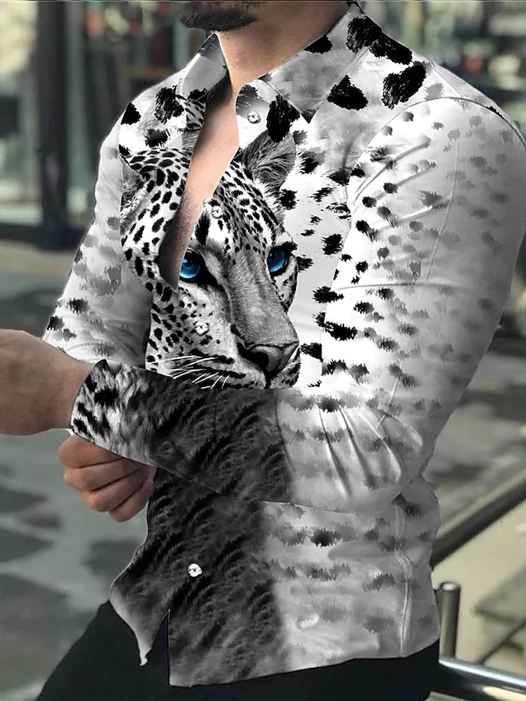 

Tiger Print Shirts for Men Black and White 3d Shirt Animal Turn-down Long Sleeve Tops Punk Mens Clothing Cool New Cardigan 2022