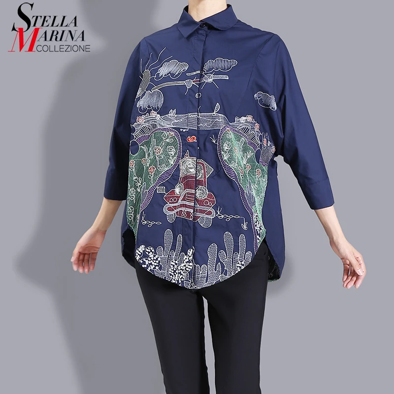 

* Printed Style Short-Sleeve Woman White Blue Blouses Oversize Loose Girls Casual Streetwear Feminine Shirt chemise femme J9605