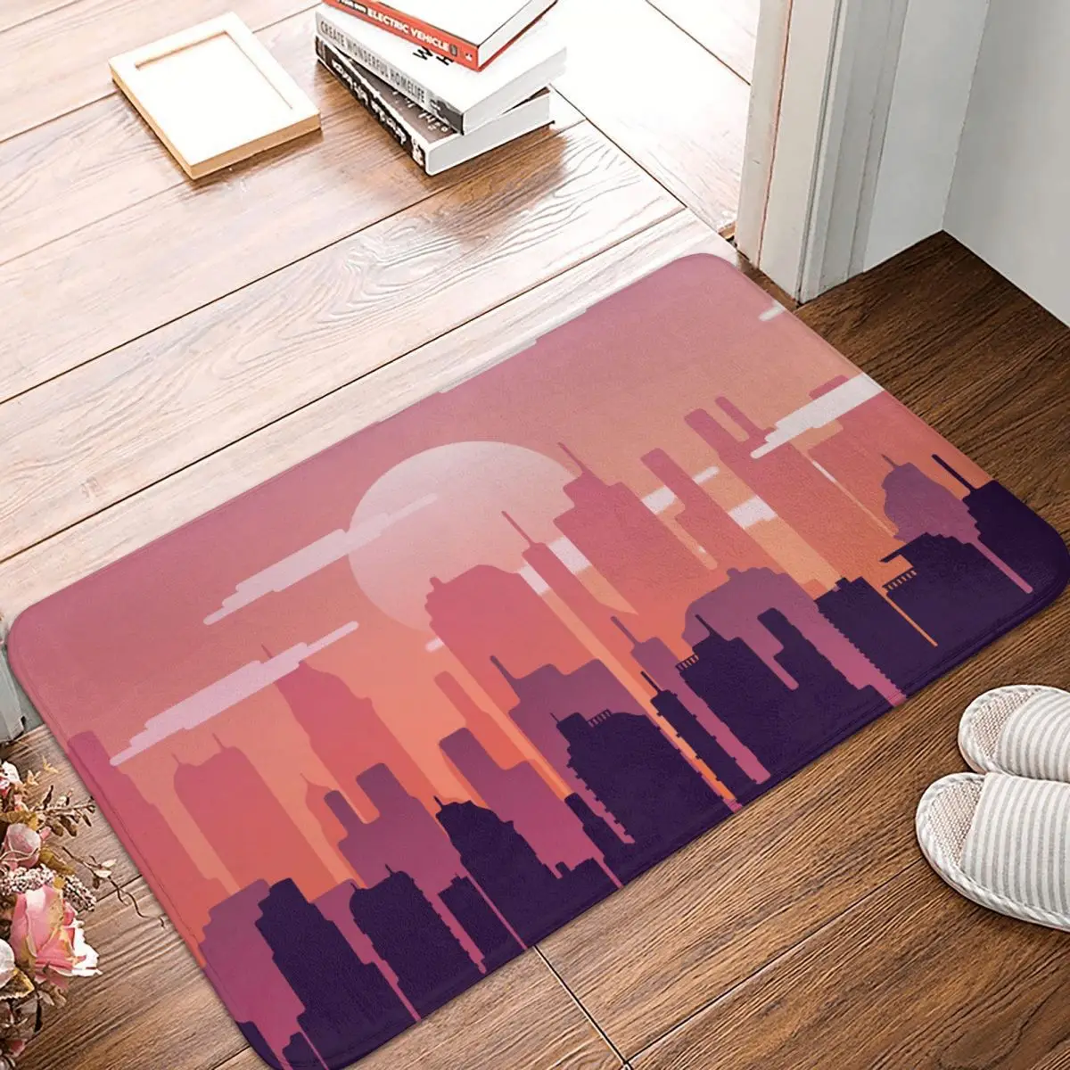 

Illustration Anti-Slip Doormat Bath Mat Pink City Floor Carpet Entrance Door Rug Bedroom Decor