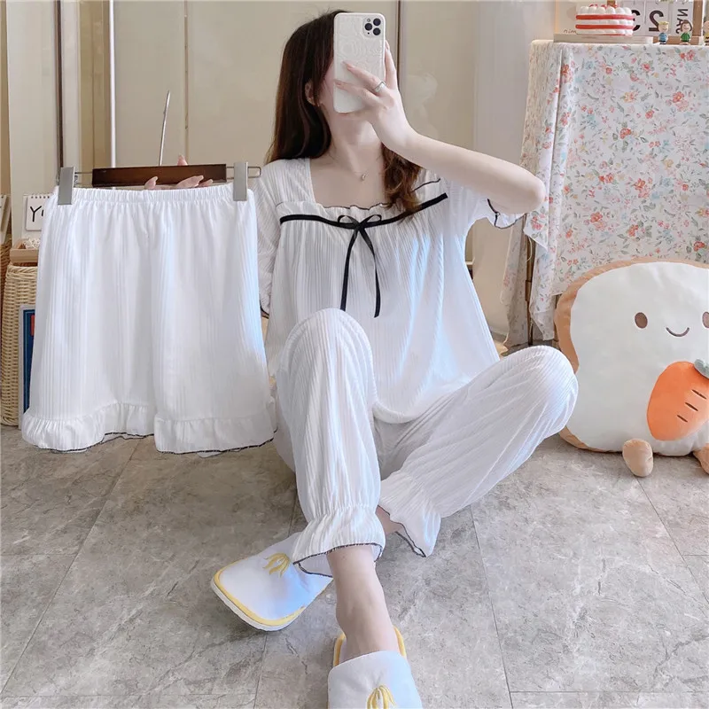 Women 3 Pieces Pajamas Sets Cotton Pijama Bow Female Pyjama Sleepwear Short Sleeve Shirt Pants Shorts Suit Homewear Loungewear