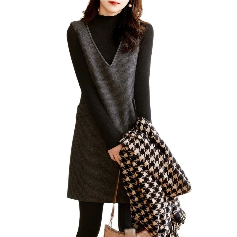 

Женское шерстяное платье-жилет средней длины, элегантное серое платье с блестящей цепочкой из бисера и V-образным вырезом для девушек на осе...