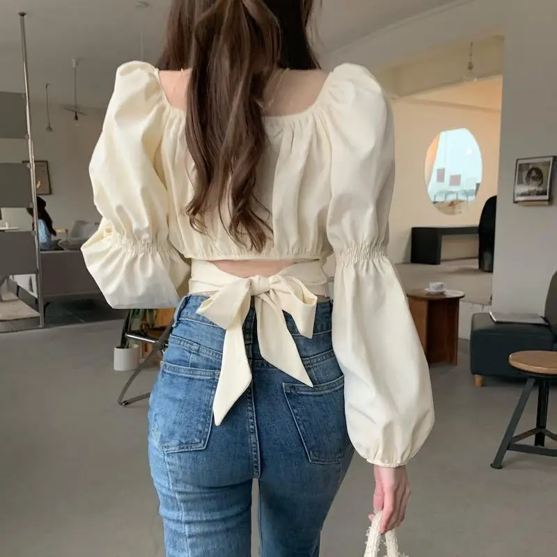 

2023 Women Shirt Summer Puff Sleeve Square Collar Floral Crop Corset Top Harajuku Elegant Blouses Tunics Korean Style L11