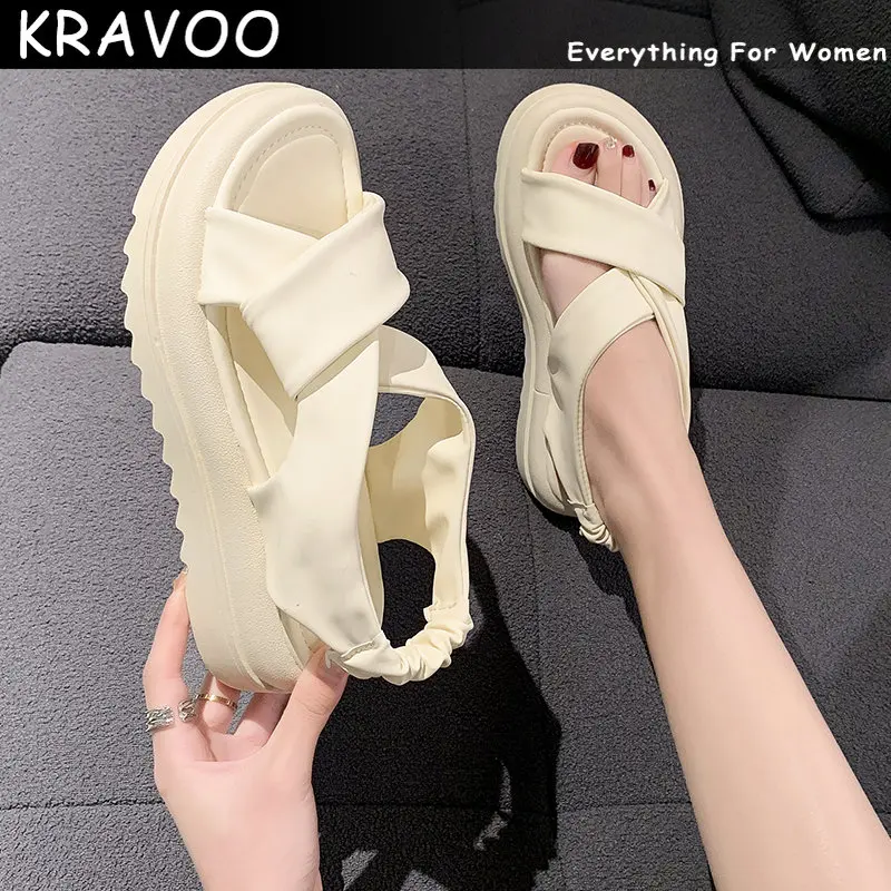 

KRAVOO Womens Sandals Casual 2023 Summer Straight Buckle Open Toe Rubber Sole PU Solid Beach Fashion Sandals Women Shoes Fashion