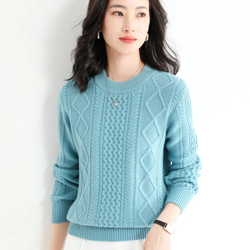 

Autumn and Winter New Women's Half Height Crew Neck Sweater Thickened Slim Twisted Stripe Diamond Knitwear Top