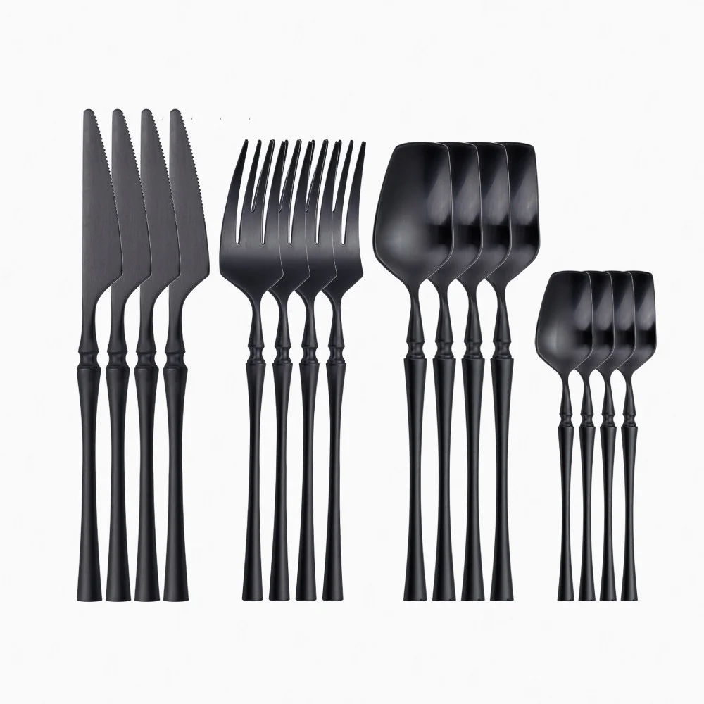 16Pcs Frosted Black Stainless Steel Cutlery Set Wedding Tableware Set Premium Dinnerware Set Knife Fork Spoon Travel Flatware