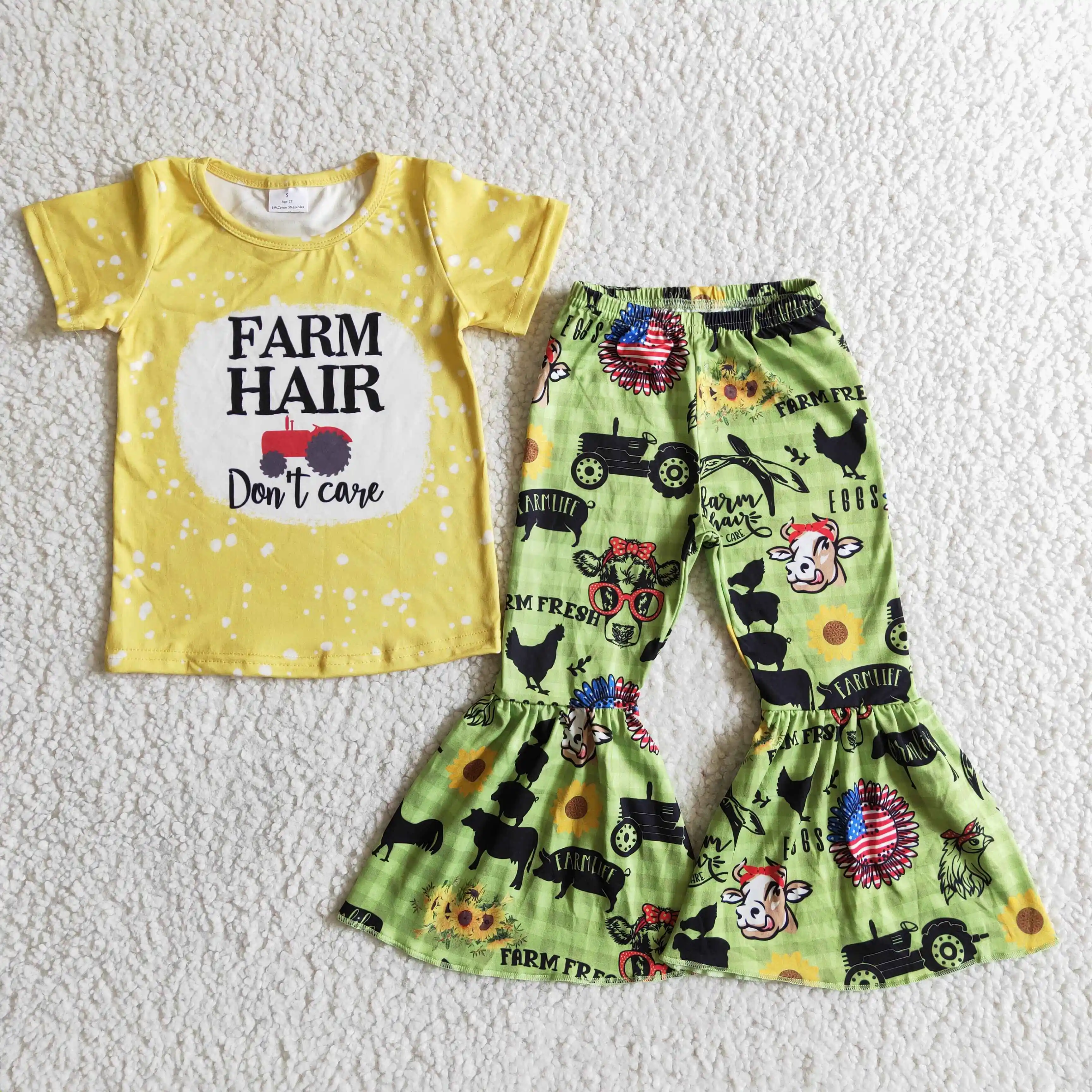 

Baby girl clothes set summer kids clothing farm hair print short sleeves shirt yellow sunflower boutique kids set clothes