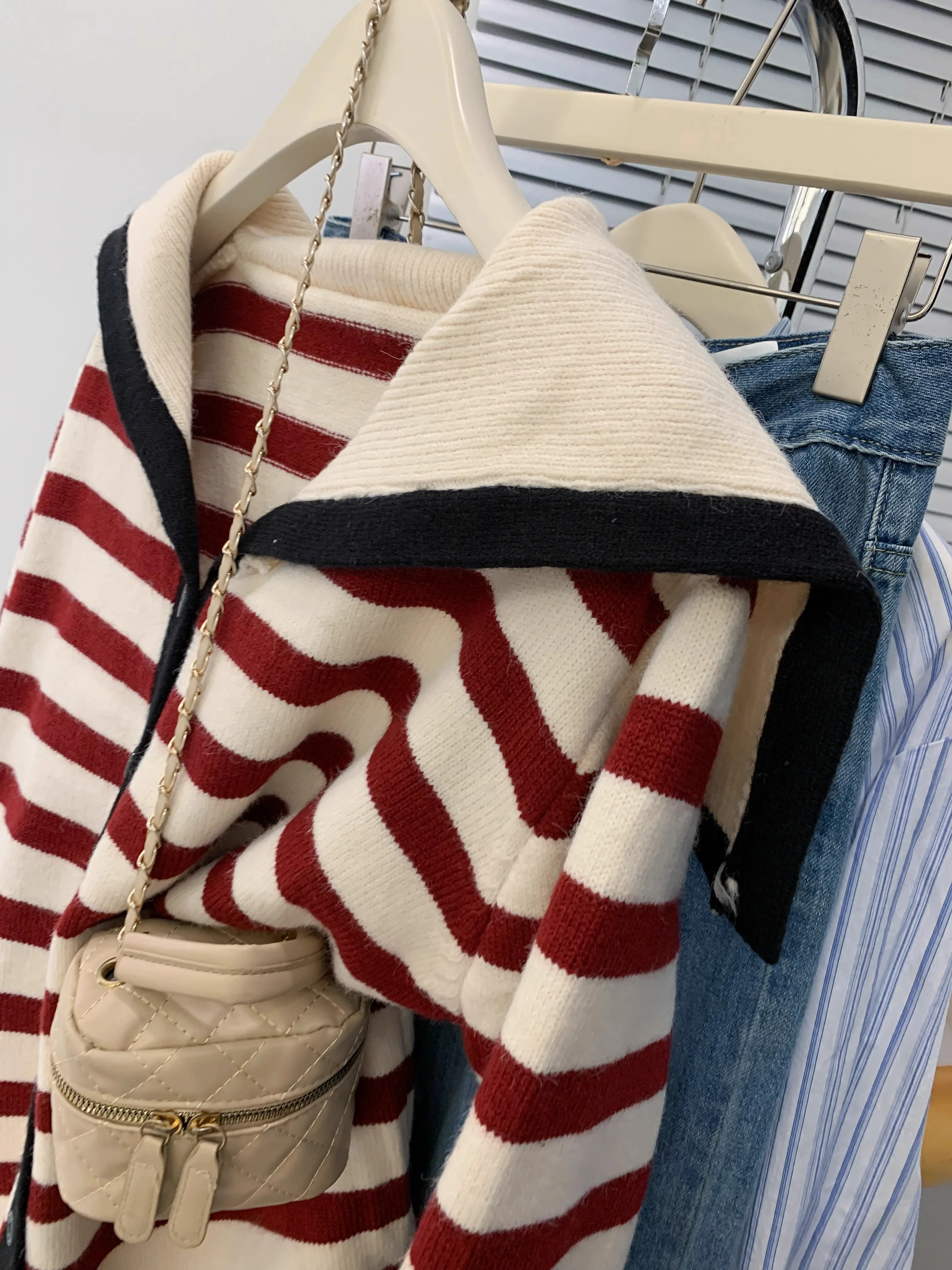 Sailor Collar Stripe Raccoon Velvet Sweater Cardigan Women Autumn and Winter Lapel Knitted Outerwear Idle Sle 2023 New