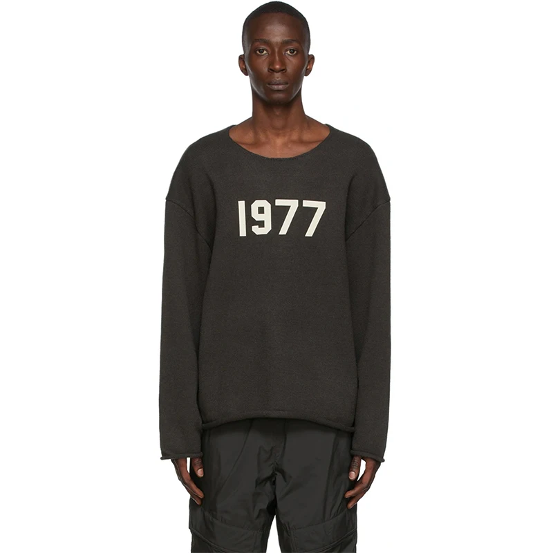 

High Street 1977 Flocking Embroidery 100% Cotton High Quality Hip-Hop Men Women Loose Round Neck Pullover Raw Edge Sweater