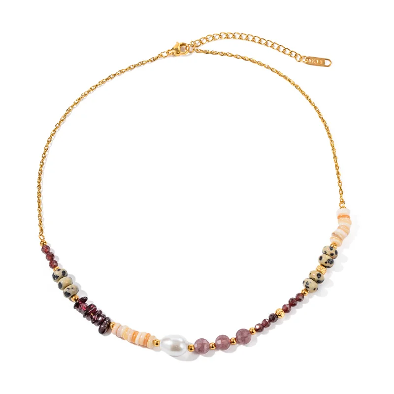

ALLNEWME Boho Candy Color Natural Stone Freshwater Pearl Beaded Necklaces Women 18K Gold Plating Stainless Steel Choker Necklace