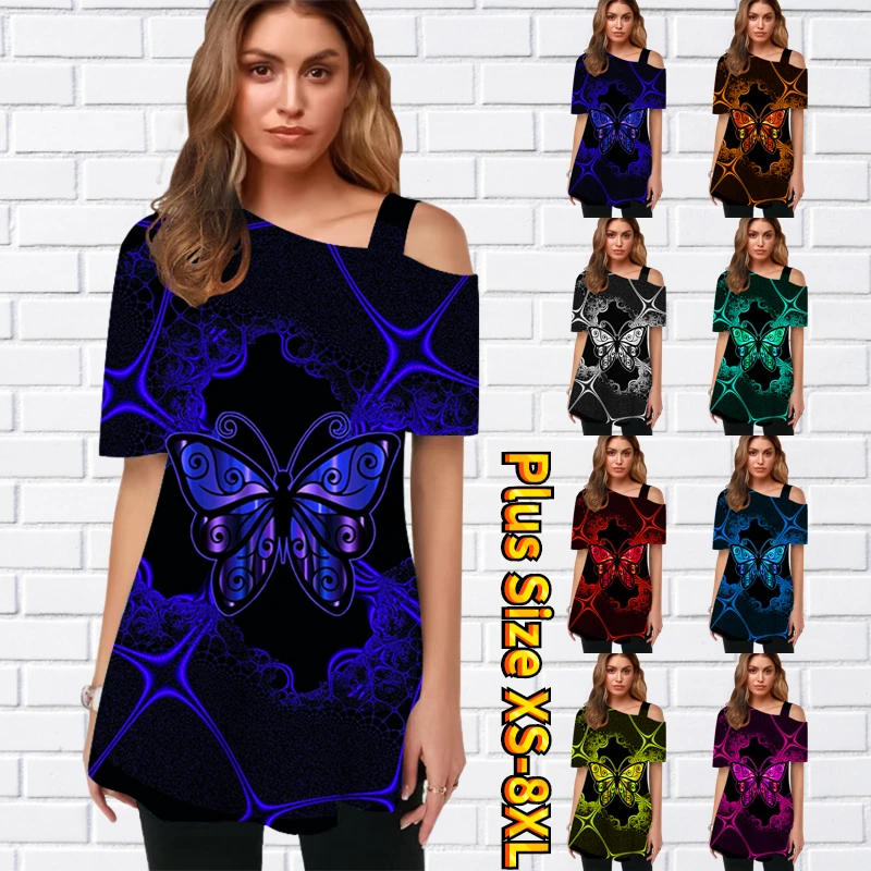 

Новинка лета 2022, винтажный Женский пуловер с коротким рукавом и 3D принтом бабочки, модные повседневные топы, футболка, футболка с косыми плечами