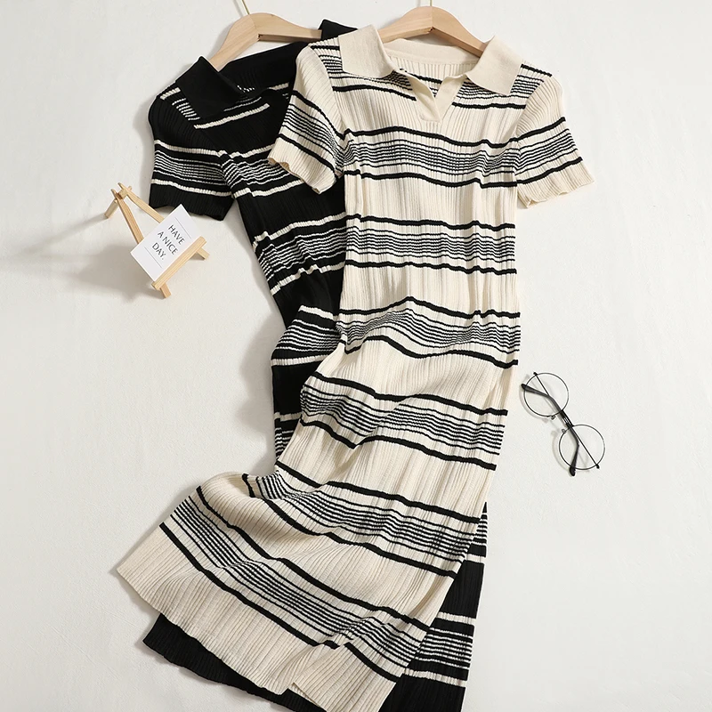 

Корейское облегающее платье в полоску на бедрах, Новинка лета 2020, Повседневное трикотажное платье с коротким рукавом и отворотом, женское д...