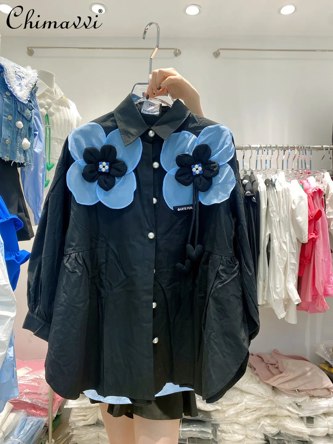 

Блузка женская в европейском стиле, Модная элегантная Однотонная рубашка с объемными цветами, милый стильный топ с бусинами, весна 2022