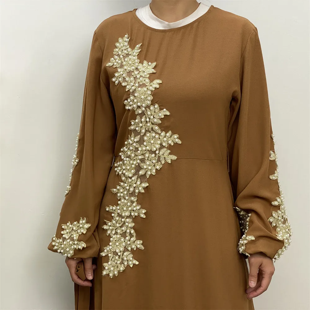 2023 New Long Dress Middle Eastern Arab Women's Fashion Lace Appliqué Beaded Muslim Dress Hija Muslims for Women Abaya Dress