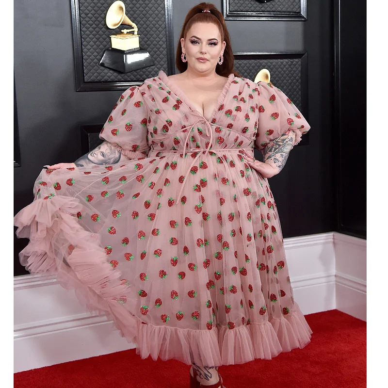 Plus Size Sexy V-neck Pink Dress Women Elegant Long Sleeve Strawberry Sequin Sweet Mesh Dress 2021 Summer Ruff 3xl 4xl 5xl 6xl