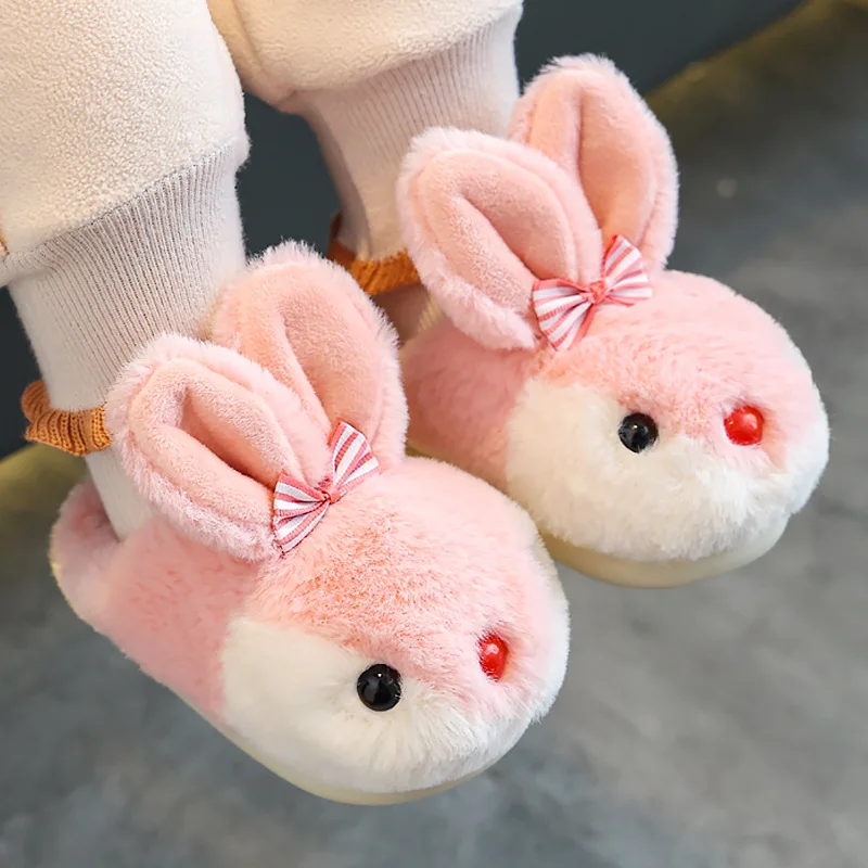2022 New Wintr Furry Slippers Warm Plush Cartoon Rabbit Boys Girls Home Slippers Non Slip Baby Kids Floor Cotton Slides Slipper