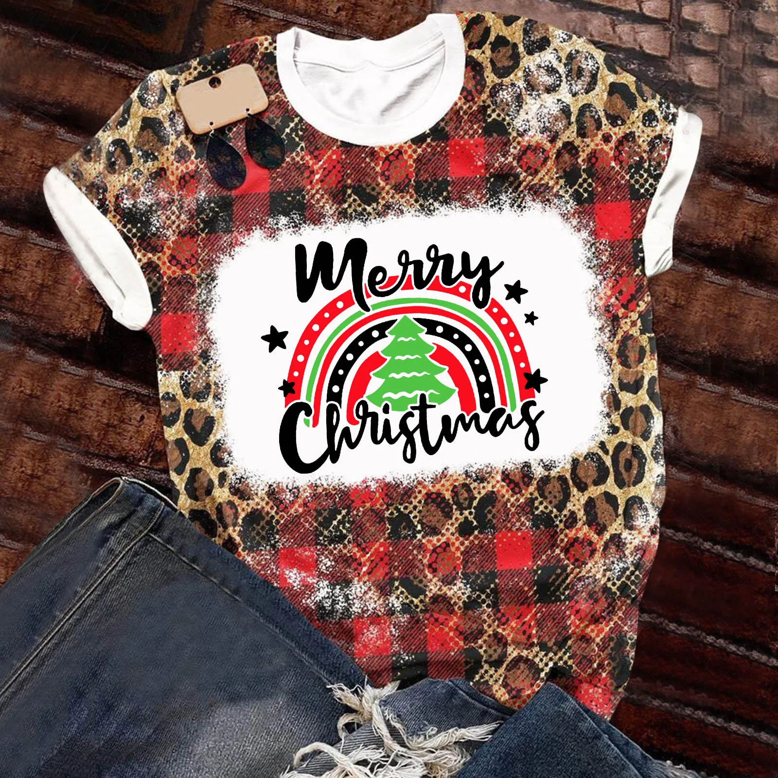 

Топ женский Рождественский с принтом, Модный повседневный летний топ с коротким рукавом и круглым вырезом, триколор