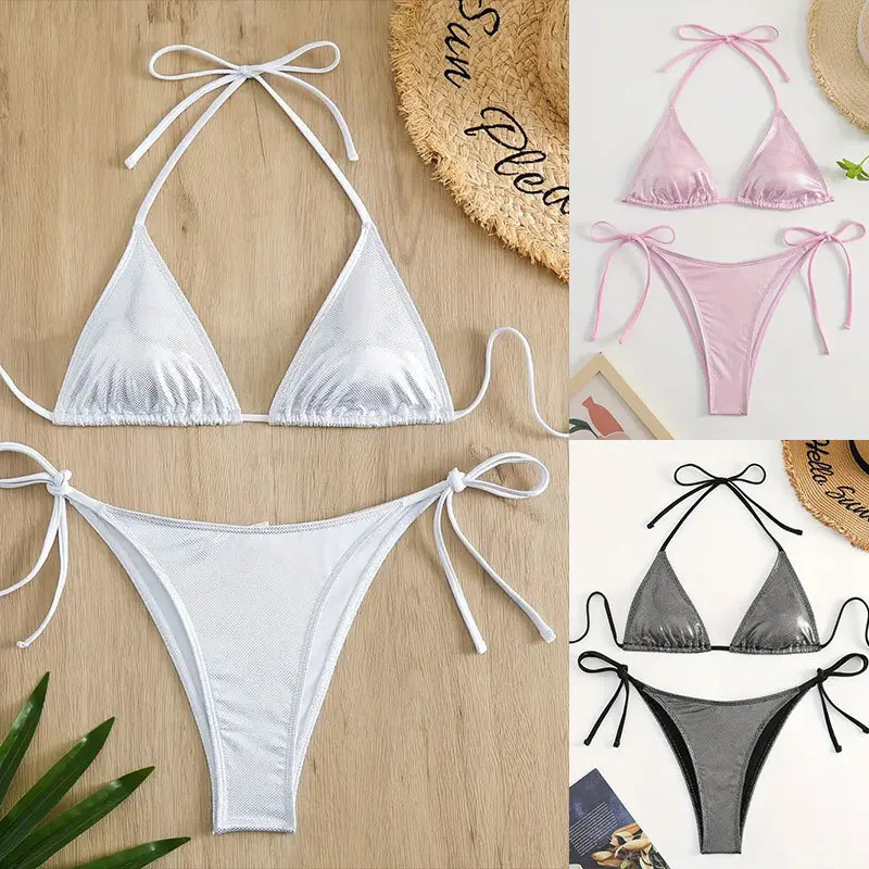 

2023 New Lace Up Bandage Two Piece Bikini Set Summer Beach Women Swimwear Holidays Ladies Solid Color Swimsuit Bathing Suit