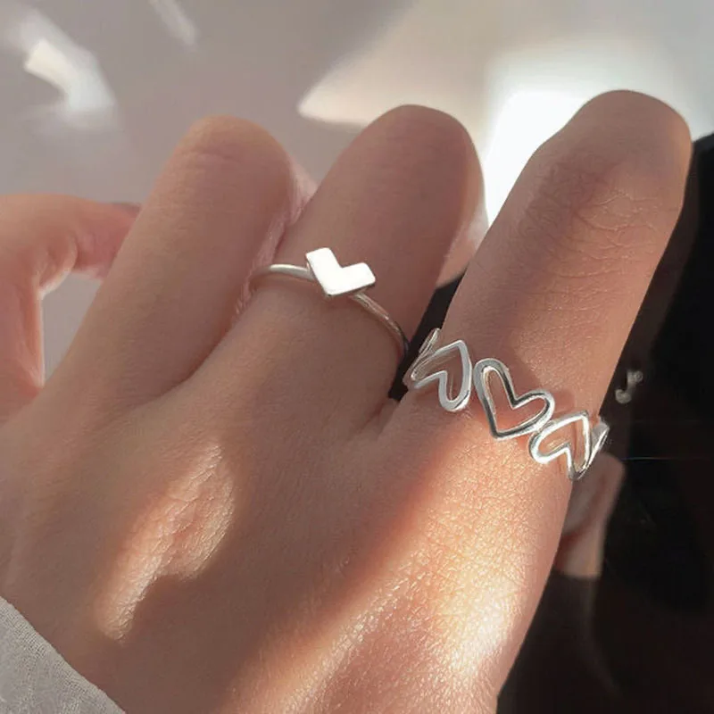 

Minimalist Cute Hollow Heart Rings 2Pcs Silver Small Love Simple Opening Adjustable Finger Ring Women Trendy Jewelry