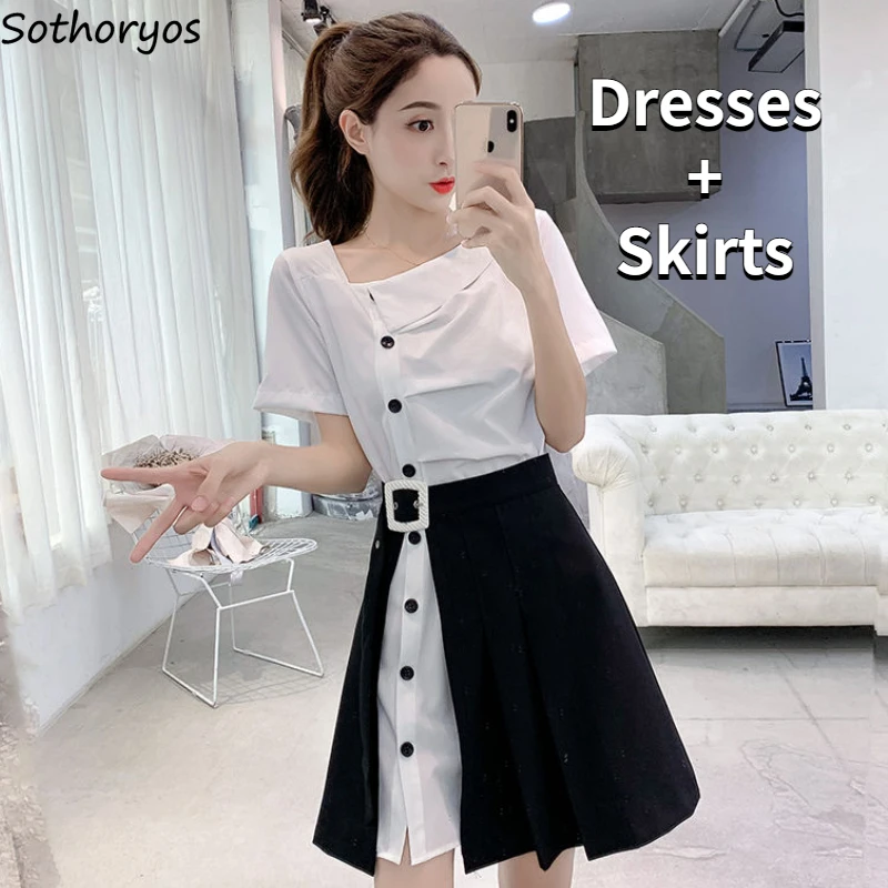 

Two Piece Sets Women Skew Collar Chic Folds Dresses New Slit Design Mini Skirts Fashion Graceful Ladies Summer Commuter Outfits