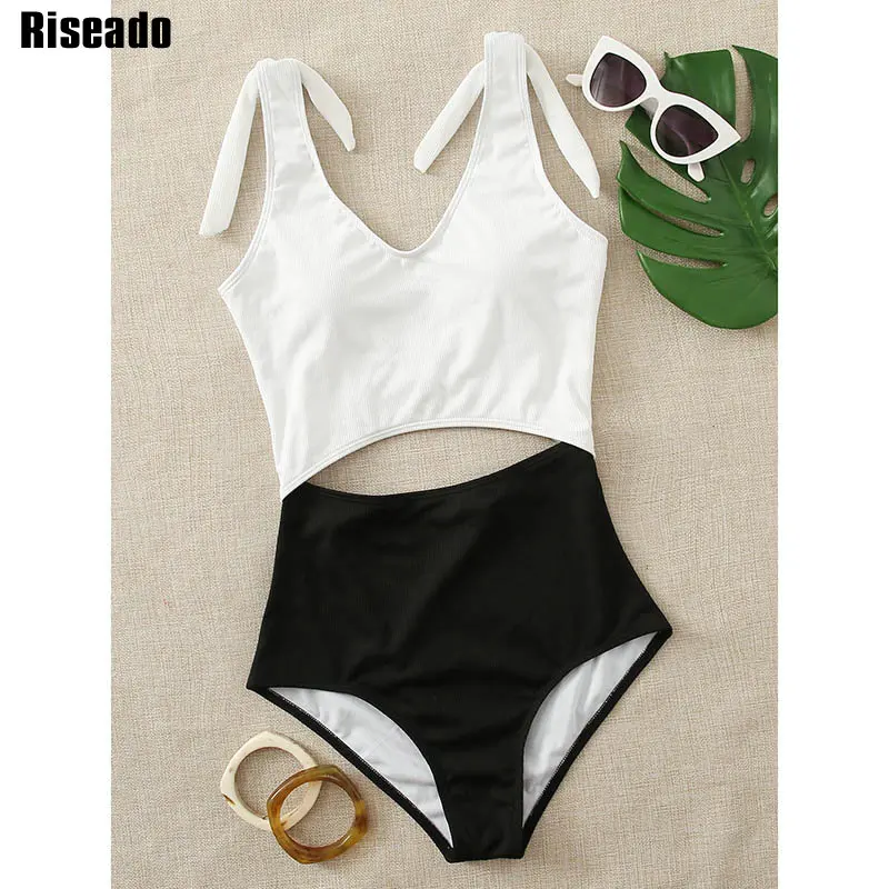 

Riseado Colorblock Swimsuit One Piece Sexy Cut Out Swimwear Women 2022 Ribbed Bathing Suit Knot Shoulder Swimming Suit For Women