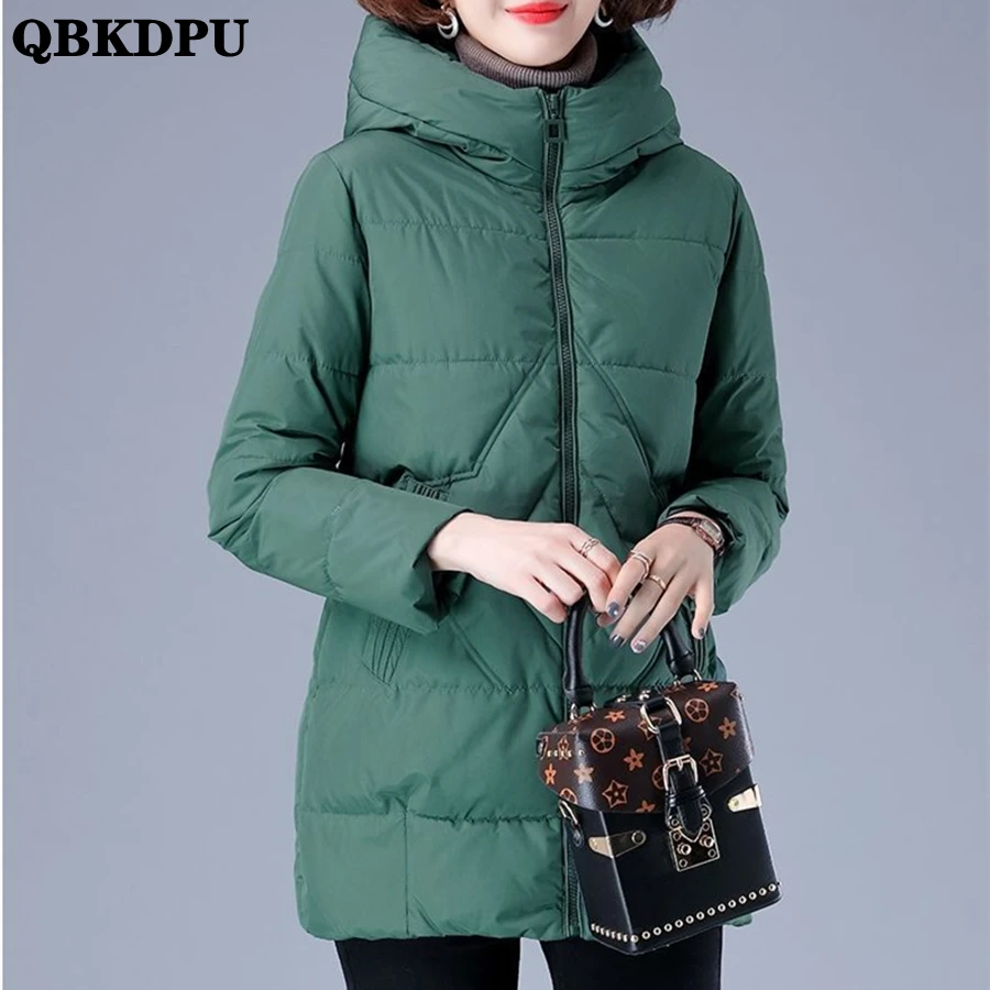 

Oversized 4XL Winter Cotton Padded Hooded Coat Women Mid-length Overcoat Warm Thick Outwear Top Casual Windbreaker Green Jackets