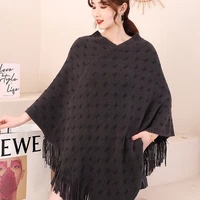 fringe bohemian poncho winter knitted clothing oversied cape loose vintage sweater jumper geometry women girl black