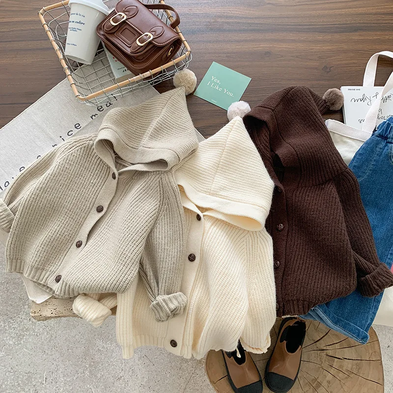 

Kid Toddler 2022 Sweater Children Solid Knitting Long Hooded Color Outwear Clothes Cardigan Warm Boy 0-6years Girl Sleeve Autumn