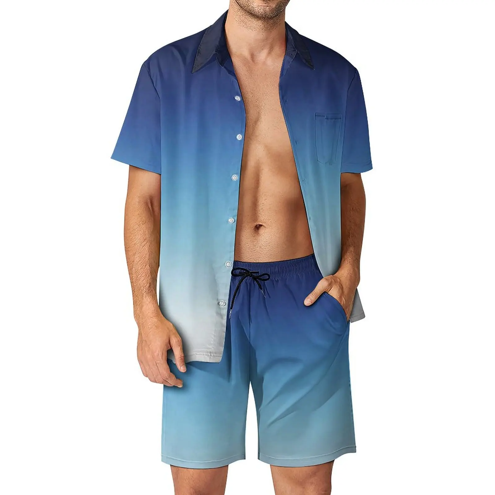 

Ombre Blue Men Sets Deep Blue To White Gradient Casual Shirt Set Funny Beach Shorts Summer Suit Two-piece Plus Size