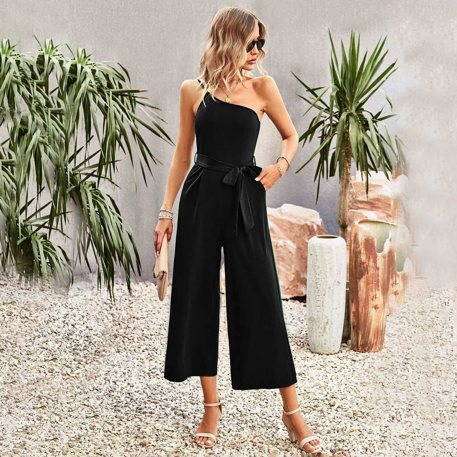 Elegant Jumpsuit Women Solid High Waist Straight Pants Overalls Summer Sexy Sleeveless One Shoulder Suspenders Female  Jumpsuits
